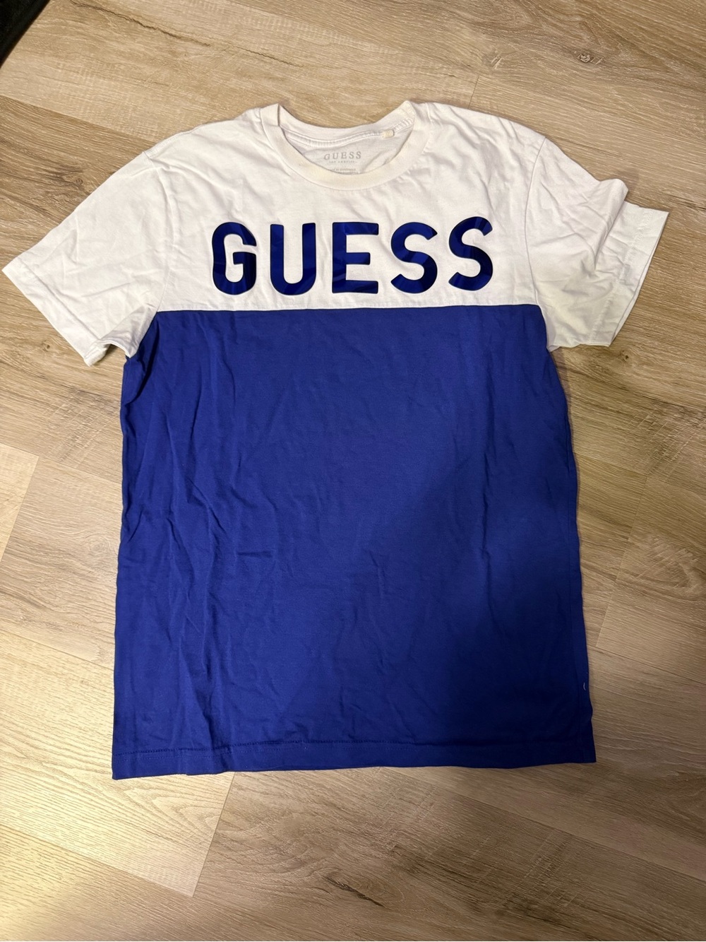 Guess White and Royal Blue Block Logo T-Shirt